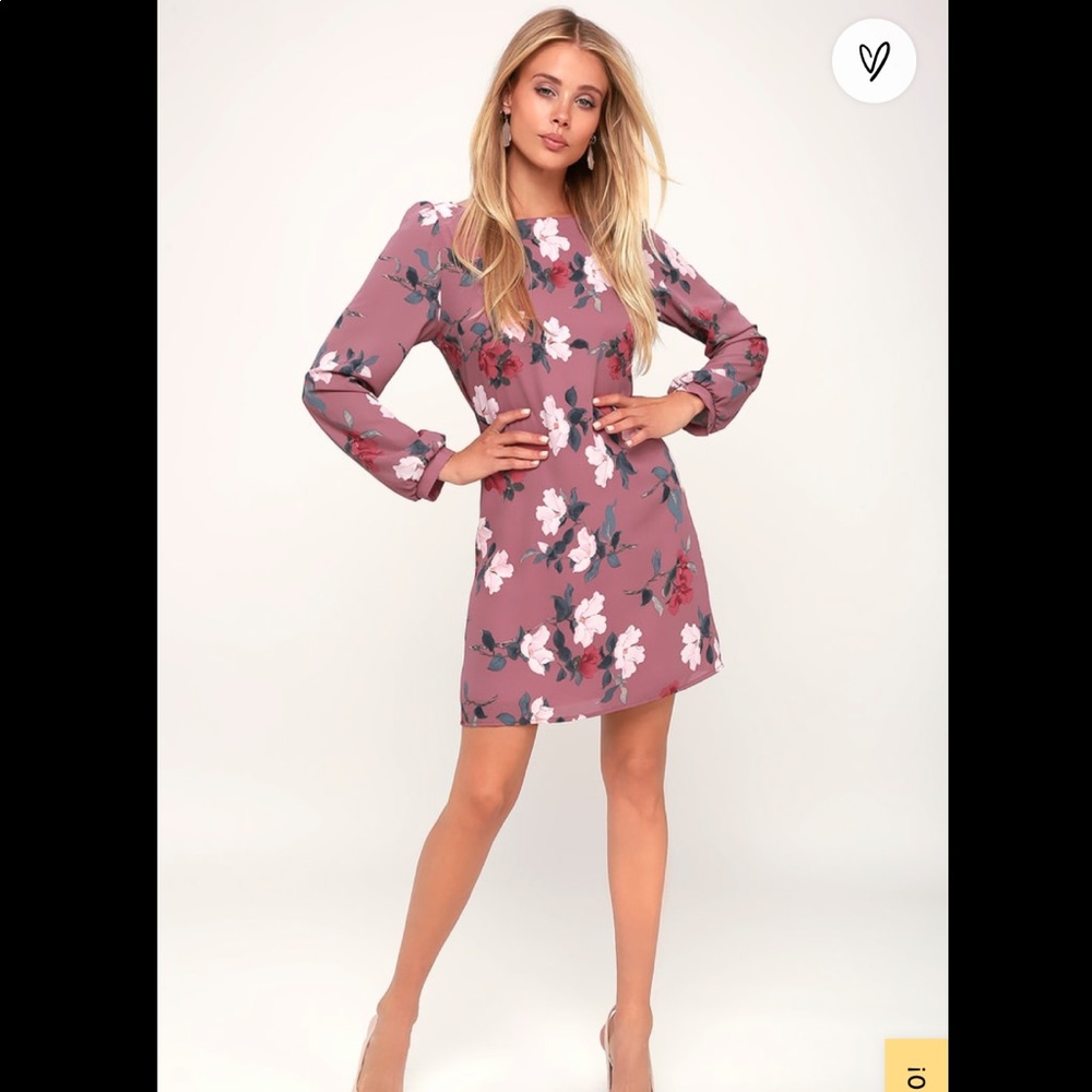 Mauve Floral Print Long Sleeve Shift Dress - NWT